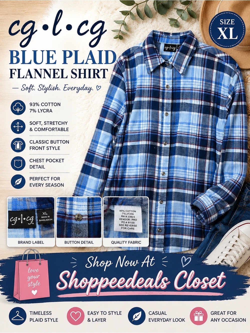 cg•l•cg Blue Plaid Flannel Button Front Shirt Size XL